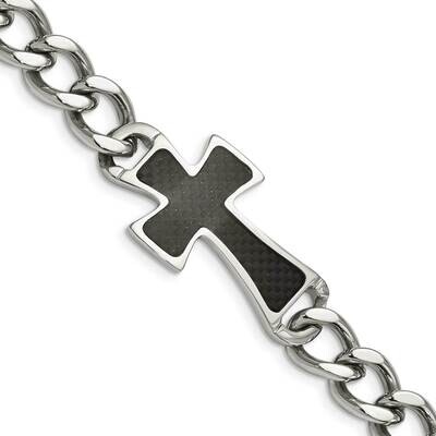 Black Carbon Fiber Inlay Cross 8.5 Inch Bracelet Stainless Steel Polished SRB289-8.5 by Chisel, MPN…