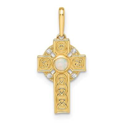 CZ Diamond &amp; Created Opal Cross Pendant 14k Gold XR1994, MPN: XR1994,