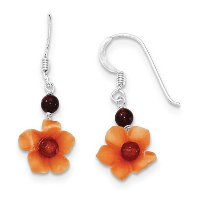 Garnet Bead &amp; Carnelian Dangle Flower Earrings Sterling Silver QE1300, MPN: QE1300, 191101187599