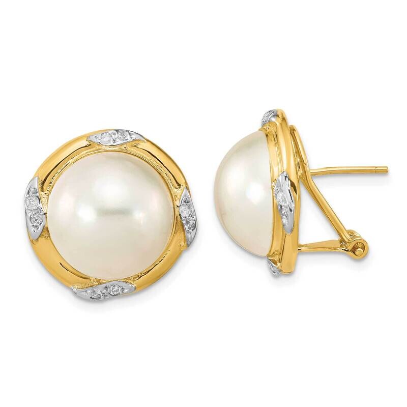 13-14mm White Saltwater Mabe Pearl .16Ct Diamond Omega Back Earrings 14k Gold XMP102