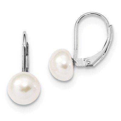 8-9mm Button Cultured Freshwater Pearl Leverback Earrings Sterling Silver Rhodium-plated QE13896, M…