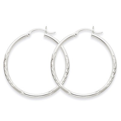 Satin &amp; Diamond-cut 2mm Round Hoop Earrings 14k White Gold TC195, MPN: TC195, 883957288727