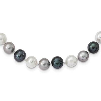 8-9mm Bk/Gr/Wt Semi-Round Cultured Freshwater Pearl Necklace Sterling Silver Rhodium-plated QH5633-…