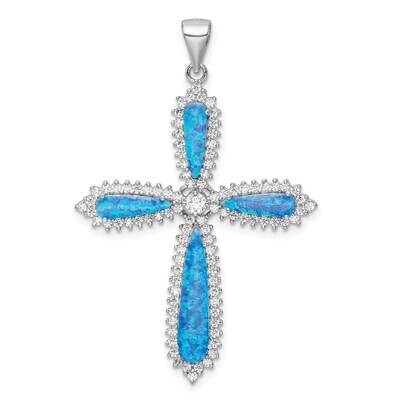 Blue Created Opal Beaded Border Cross Pendant Sterling Silver Rhodium-Plated QC11164, MPN: QC11164,