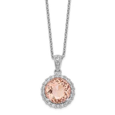 CZ Diamond and Simulated Morganite 18 Inch Necklace Sterling Silver Rhodium-plated QCM1189-18, MPN:…