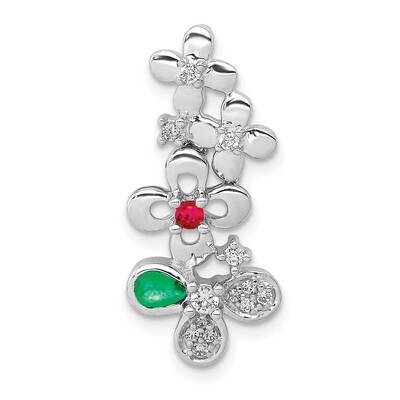14K White Gold Diamond, Ruby &amp; Emerald Flower Chain Slide 14k White Gold Diamond PM3987-R/E-012-WA,…