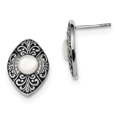 Oxidized with Mother of Pearl &amp; CZ Diamond Post Earrings Sterling Silver Rhodium-plated QE14003, MP…