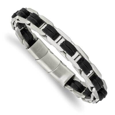 Black Pu Leather .5 Inch Extender 7.75 Inch Link Bracelet Stainless Steel Brushed SRB2720-7.75, MPN…