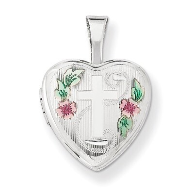 Cross with Enamel Flowers 12mm Heart Locket Sterling Silver QLS570, MPN: QLS570, 883957461243
