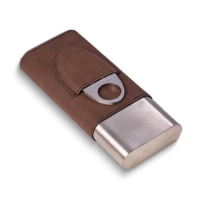 Brown Leather Three Cigar Case &amp; Stainless Steel Cutter Set GM24117BR, MPN: GM24117BR, 797140512554