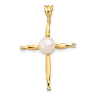 6-7mm White Button Freshwater Cultured Pearl .02ct Diamond Cross Penda 14k Gold XP5300, MPN: XP5300…
