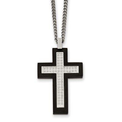 Black IP CZ Cross Necklace Stainless Steel Brushed and Polished SRN2073-24 by Chisel, MPN: SRN2073-…