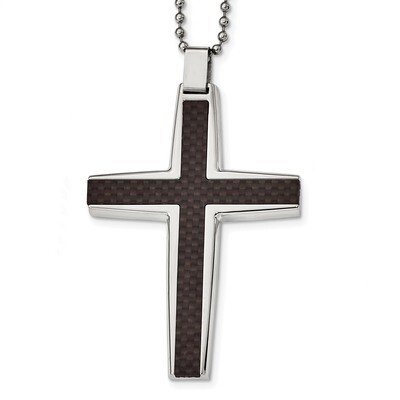 Black Carbon Fiber Cross Inlay Necklace Stainless Steel Polished SRN2416-22 by Chisel, MPN: SRN2416…