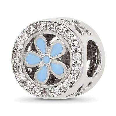 CZ and Light Blue Enamel Flower Circle Bead Sterling Silver QRS4372, MPN: QRS4372,
