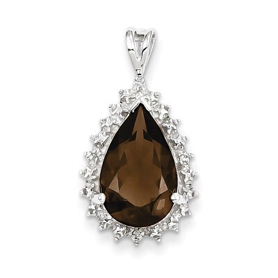 Smokey Quartz &amp; Diamond Pear Pendant Sterling Silver Rhodium QDX686, MPN: QDX686, 886774201788