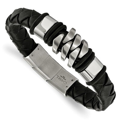 Black Leather (.5 Inch extra link) Bracelet Stainless Steel Brushed and Polished SRB2240-8 by Chise…