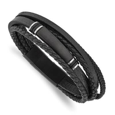 Black Ip Pu Leather/Rubber with .5 Inch Extender 8 Inch Bracelet Stainless Steel Brushed SRB2719-8,…