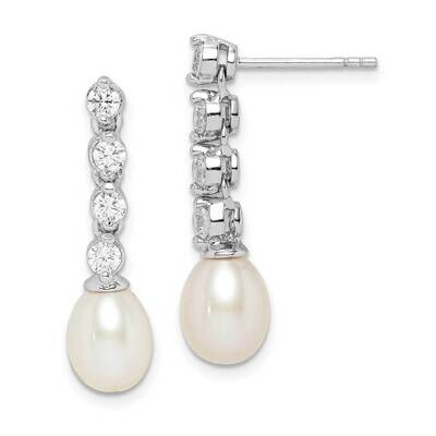 7-8mm White Rice Freshwater Cultured Pearl CZ Diamond Earrings Sterling Silver Rhodium Plated QE152…