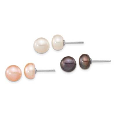 8-9mm Set of 3 Wt Bk Pink Button Fwc Pearl Earrings Sterling Silver Rhodium-Plated QE16333SET, MPN:…