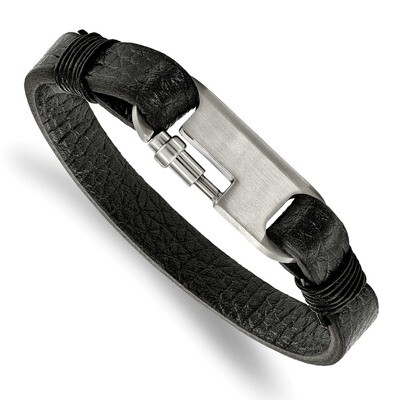 Genuine Leather 8 Inch Bracelet Stainless Steel Brushed Black SRB1947-8 by Chisel, MPN: SRB1947-8, …