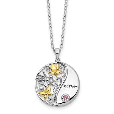 Sterling Silver Pink &amp; Clear CZ Diamond Mother Heart 18 Inch Necklace Gold-tone QSX714, MPN: QSX714…