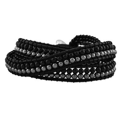Black Agate and Hematite Bead and Leather Bracelet Multi Wrap BF1624, MPN: BF1624, 886774237848