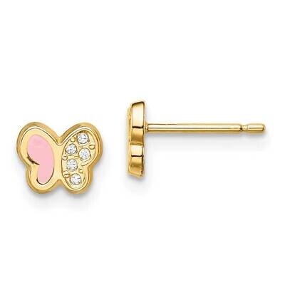 Pink Enamel Butterfly Post Earrings 14k Gold CZ Diamond GK1035 by Madi K, MPN: GK1035, 191101901270