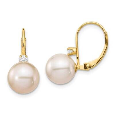 9-9.5mm White Round Freshwater Cultured Pearl .10ct Diamond Leverback Earrings 14k Gold XF699E, MPN…