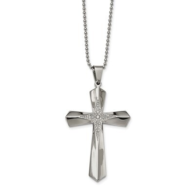 CZ Cross Necklace Stainless Steel Polished SRN2096-24.5 by Chisel, MPN: SRN2096-24.5, 191101647536