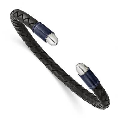 Polished Dark Grey Ip Black Leather Flexible Bangle Stainless Steel Brushed SRB2922, MPN: SRB2922, …