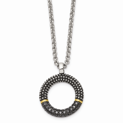 Black CZ Stone Stone with Yellow IP-plated Antiqued Circle Necklace Stainless Steel SRN1339-18 by C…