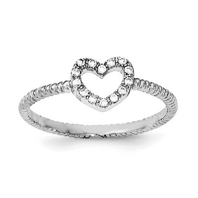 Textured CZ Diamond Heart Ring Sterling Silver Rhodium-plated Polished QR6276, MPN: QR6276,