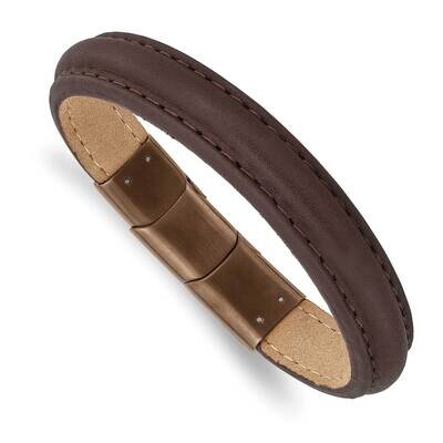 Rose Ip Brown Leather with .5 Inch Extender 7.75 Inch Bracelet Stainless Steel Polished SRB2979-7.7…