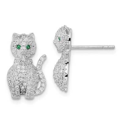 Green &amp; White CZ Diamond Cat Post Earrings Sterling Silver Rhodium-Plated Polished QE15788, MPN: QE…