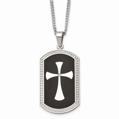 Black IP-plated Polished Dog Tag Cross with CZ Stone Stone Necklace Stainless Steel SRN1367-22 by C…