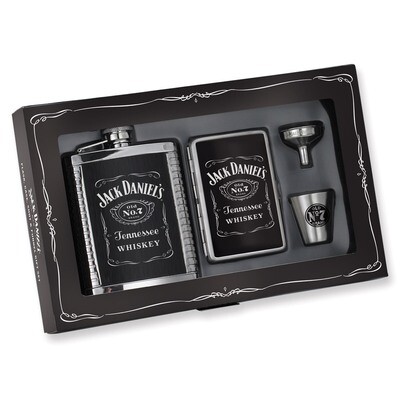 Jack Daniels Leather &amp; Stainless Steel 6oz Cover Flask Gift Set GP6962, MPN: GP6962, 610939084776