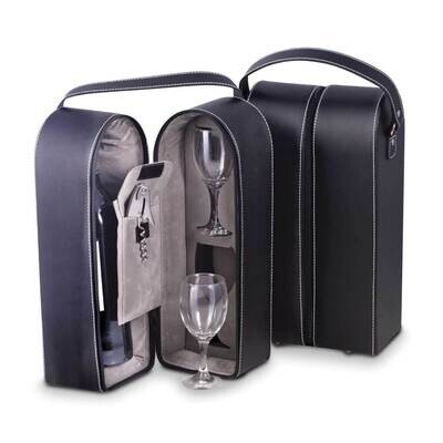 Black Leather Wine Caddy with Two Glasses and Bar Tools GM21606, MPN: GM21606, 797140509288