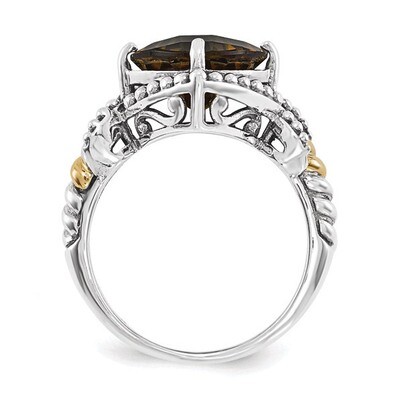Smokey Quartz Cushion Ring Sterling Silver &amp; 14k Gold QTC1507, MPN: QTC1507,