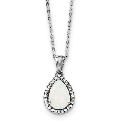 Simulated Opal &amp; CZ Diamond Necklace 18 Inch Sterling Silver Rhodium Polished QG4069OCT-18, MPN: QG…