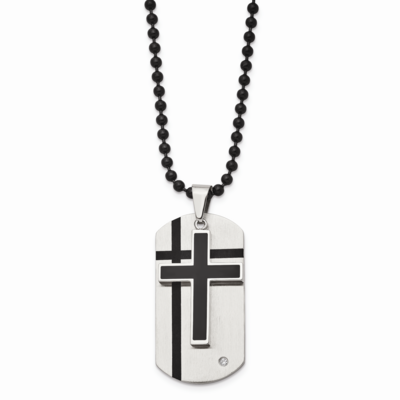 Black Enamel Cross &amp; Dog Tag CZ Stone Stone Necklace Stainless Steel SRN839-24 by Chisel, MPN: SRN8…