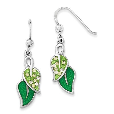 Preciosa Crystal &amp; Enameled Green Leaves Dangle Earrings Sterling Silver QE12243
