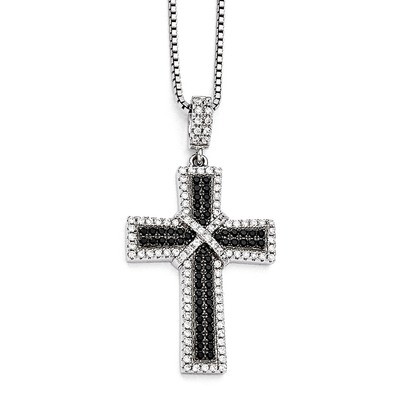 Black &amp; White Cubic Zirconia Polished Cross Necklace Sterling Silver QMP1316-18, MPN: QMP1316-18, 1…