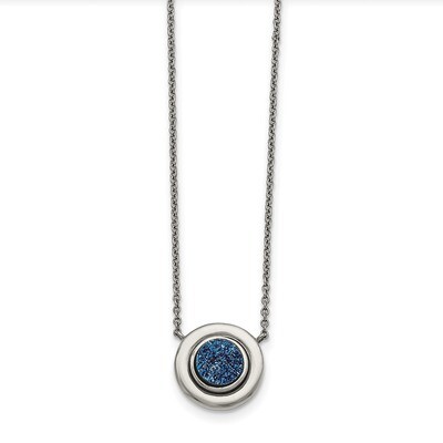 Blue Druzy Circle with 2 Inch Extender Necklace Stainless Steel Polished SRN1516-18.25 by Chisel, M…