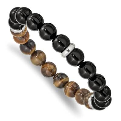 Black Agate and Tiger&#39;s Eye Stretch Bracelet Stainless Steel Polished SRB2498, MPN: SRB2498, 191101…