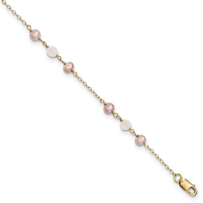 FW Cultured Pearl &amp; Rose Quartz with Cable Chain 1 Inch EXT 14k Gold XF583-5.5
