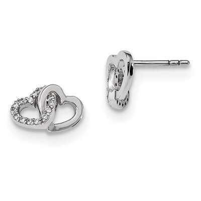 CZ Diamond Double Heart Post Earrings Sterling Silver Rhodium-plated Polished QE13400, MPN: QE13400…