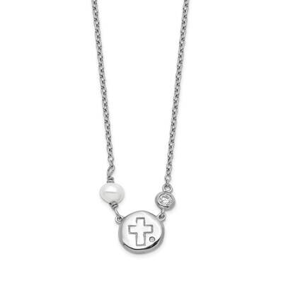 Cz, Cross &amp; Fwc Pearl with 2 Inch Extension Necklace Sterling Silver Rhodium-plated QG5585-16, MPN:…