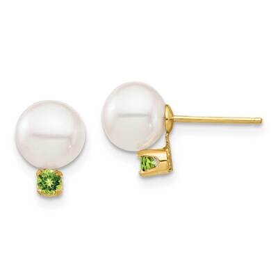 7-7.5mm White Round Freshwater Cultured Pearl Peridot Post Earrings 14k Gold XF753E_PE, MPN: XF753E…