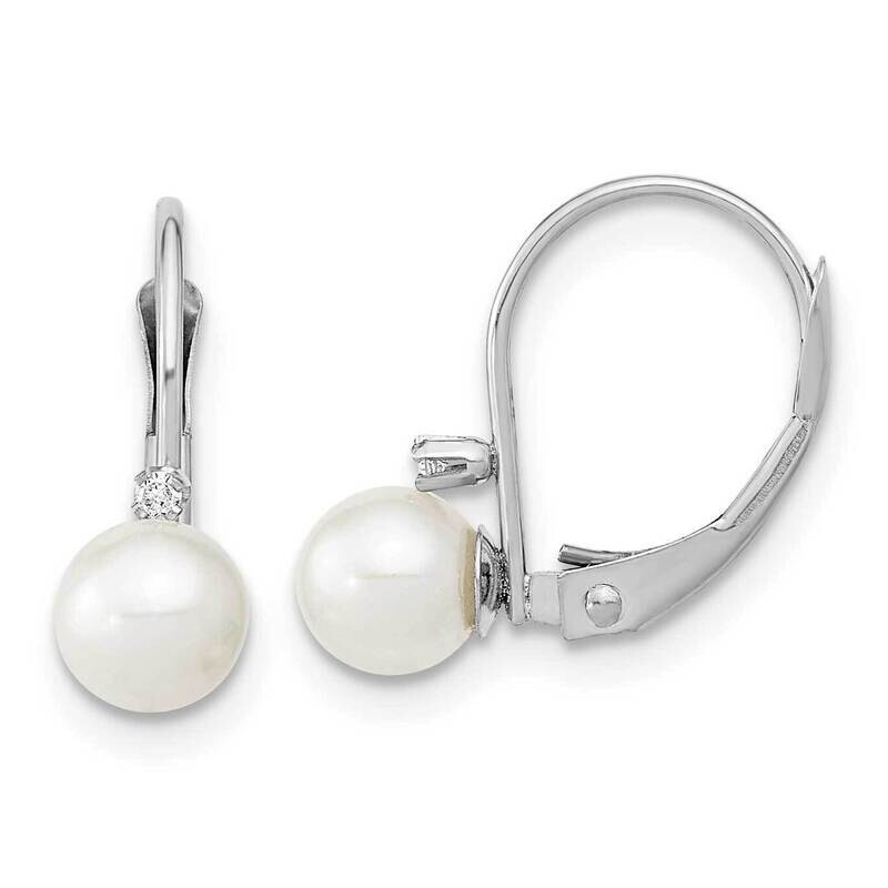 5-6mm Round White Cultured Freshwater Pearl .02Ct. Diamond Earrings 14k White Gold XFW248E