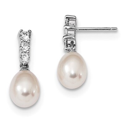 7-8mm White Cultured Freshwater Pearl CZ Diamond Post Earrings Sterling Silver Rhodium-plated QE138…